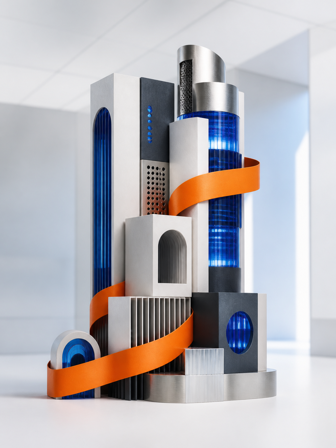 Escultura narrativa sobre infraestrutura, continuidade e proteção